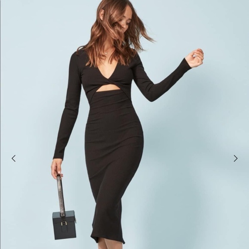 Reformation S Black Polina Long Sleeve Midi Body-con Dress with Twist Front, NWT